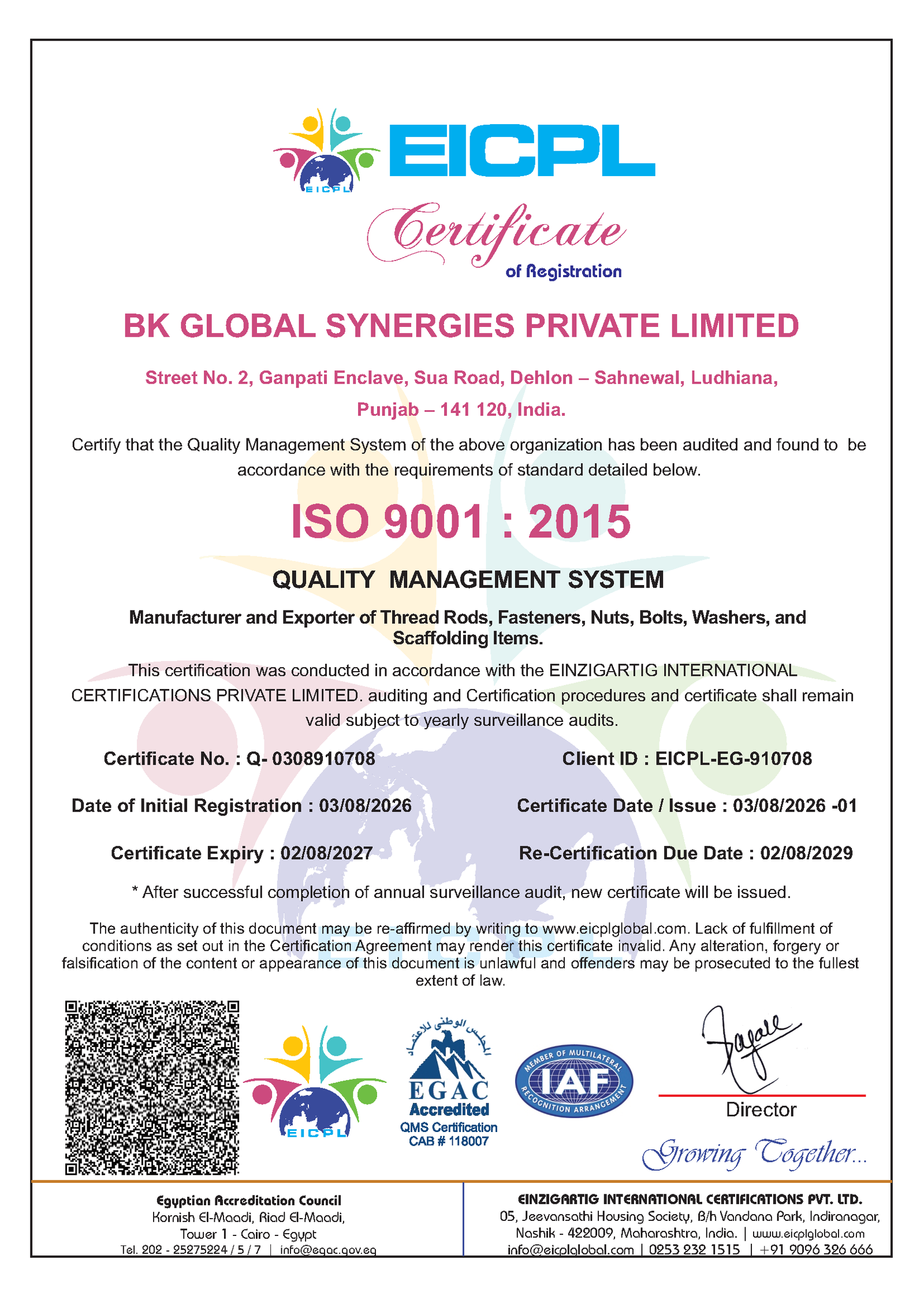 BK Global Synergies ISO 9001:2015 Quality Management System Certificate